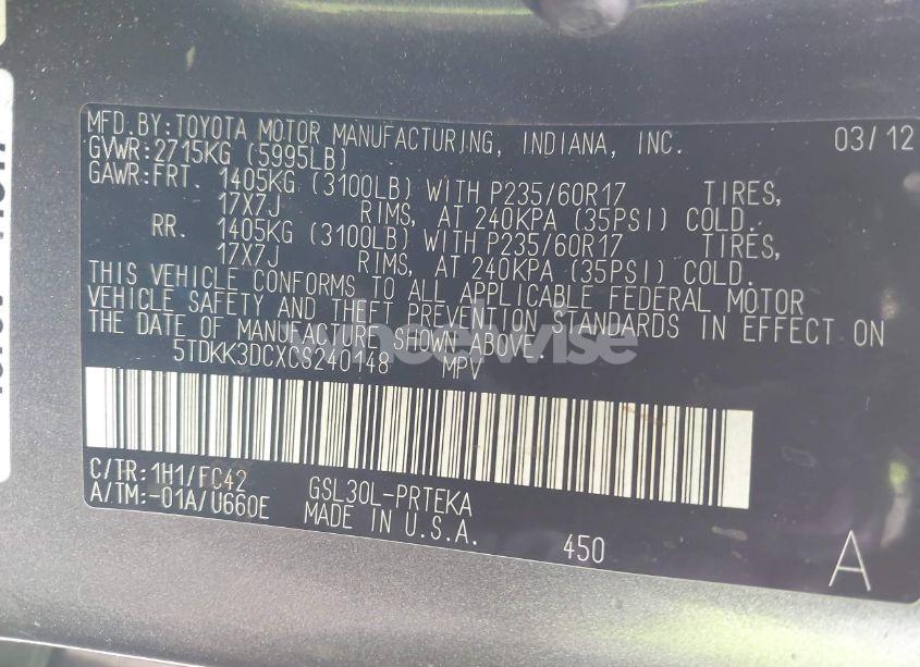 Photo 9 of 2012 Toyota Sienna LE V6 8 PASSENGER (VIN 5TDKK3DCXCS240148)