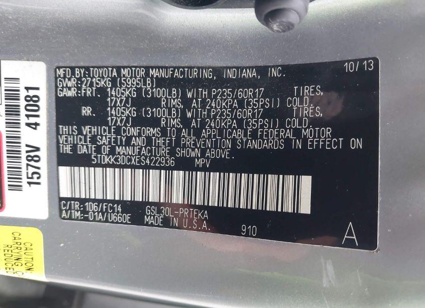 Photo 9 of 2014 Toyota Sienna LE V6 8 PASSENGER (VIN 5TDKK3DCXES422936)