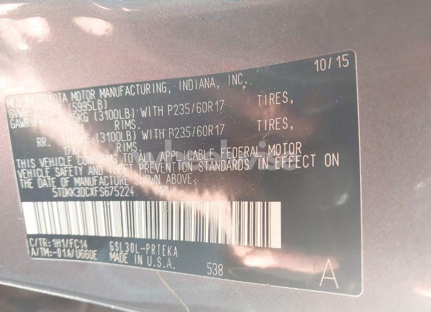 Photo 9 of 2015 Toyota Sienna LE 8 PASSENGER (VIN 5TDKK3DCXFS675224)