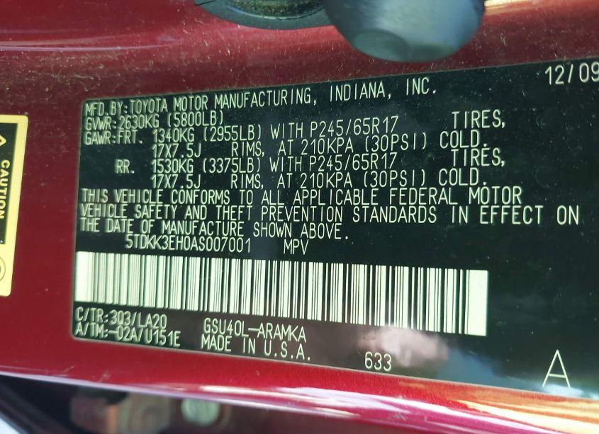 Photo 9 of 2010 Toyota Highlander SE V6 (VIN 5TDKK3EH0AS007001)