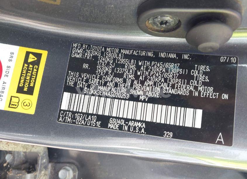 Photo 9 of 2010 Toyota Highlander SE V6 (VIN 5TDKK3EH4AS020253)