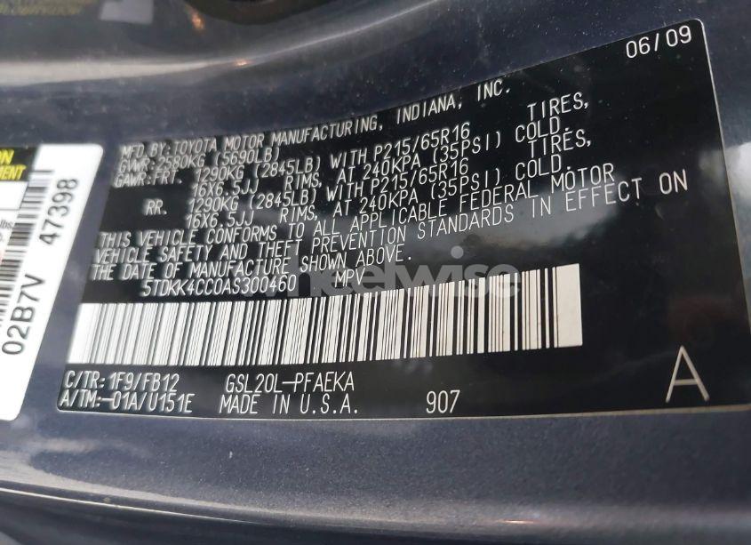 Photo 9 of 2010 Toyota Sienna CE (VIN 5TDKK4CC0AS300460)