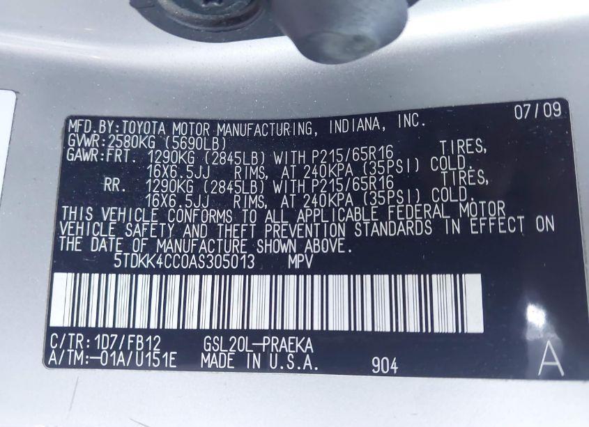 Photo 9 of 2010 Toyota Sienna CE (VIN 5TDKK4CC0AS305013)