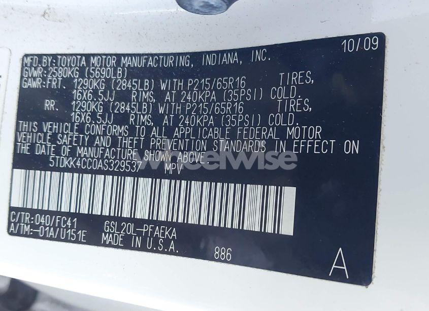 Photo 9 of 2010 Toyota Sienna LE (VIN 5TDKK4CC0AS329537)