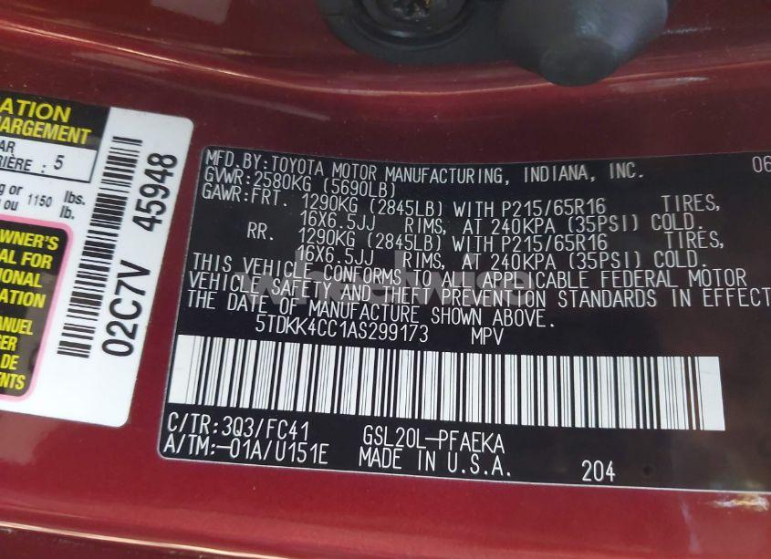 Photo 9 of 2010 Toyota Sienna LE (VIN 5TDKK4CC1AS299173)