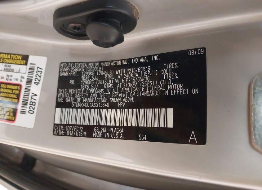 Photo 9 of 2010 Toyota Sienna LE (VIN 5TDKK4CC1AS313640)