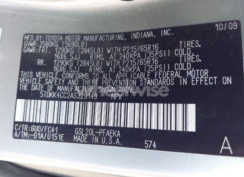 Photo 9 of 2010 Toyota Sienna LE (VIN 5TDKK4CC2AS329149)