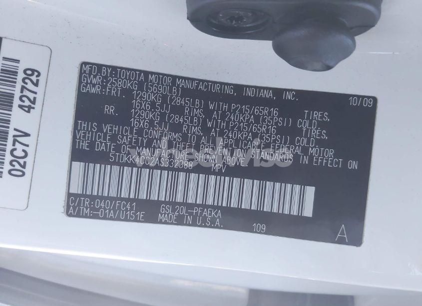 Photo 9 of 2010 Toyota Sienna LE (VIN 5TDKK4CC2AS332388)