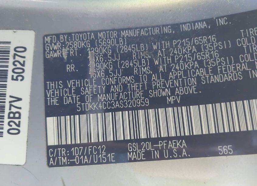 Photo 9 of 2010 Toyota Sienna LE (VIN 5TDKK4CC3AS320959)