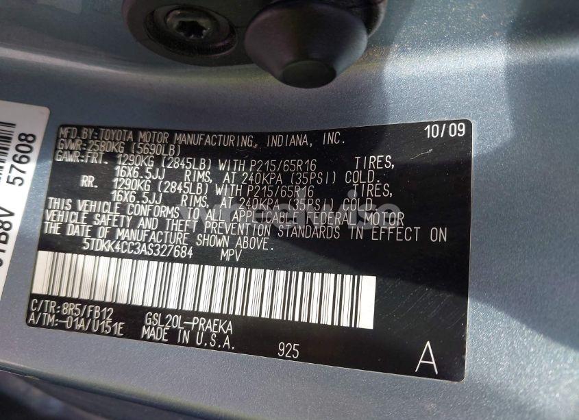 Photo 9 of 2010 Toyota Sienna LE (VIN 5TDKK4CC3AS327684)