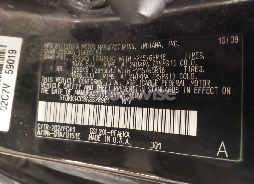 Photo 9 of 2010 Toyota Sienna LE (VIN 5TDKK4CC3AS328981)