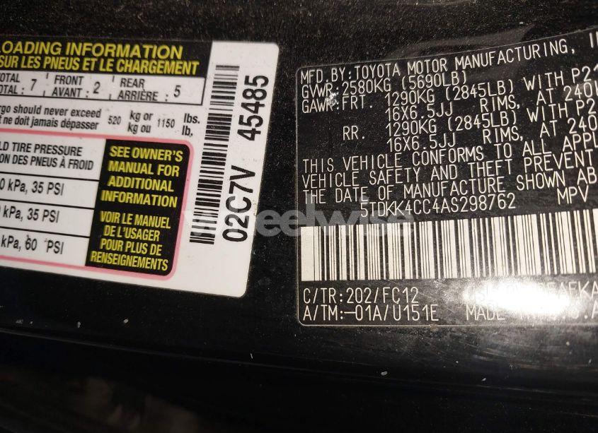 Photo 9 of 2010 Toyota Sienna LE (VIN 5TDKK4CC4AS298762)