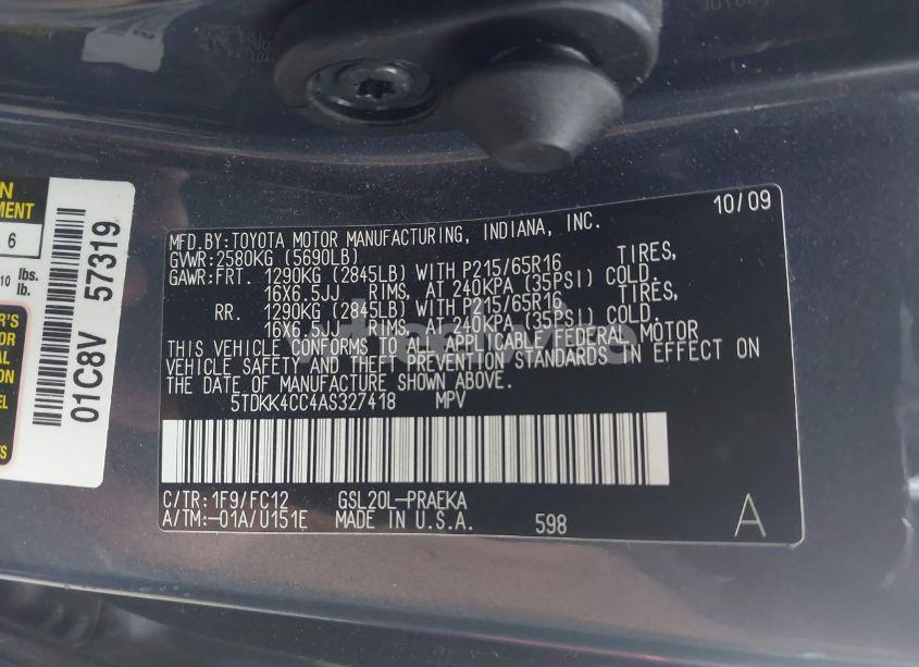 Photo 9 of 2010 Toyota Sienna LE (VIN 5TDKK4CC4AS327418)