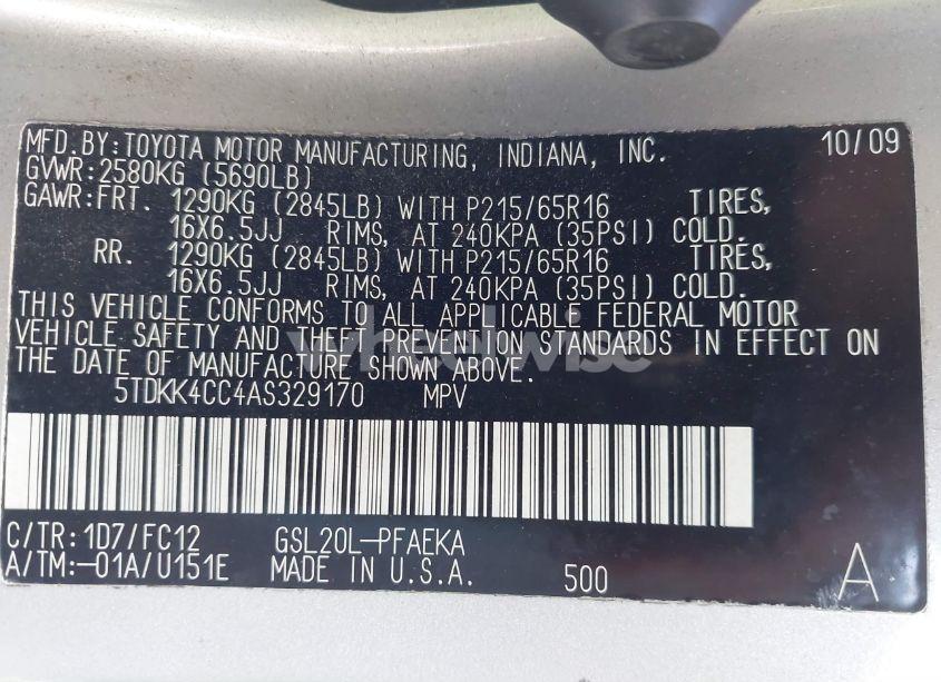 Photo 9 of 2010 Toyota Sienna LE (VIN 5TDKK4CC4AS329170)