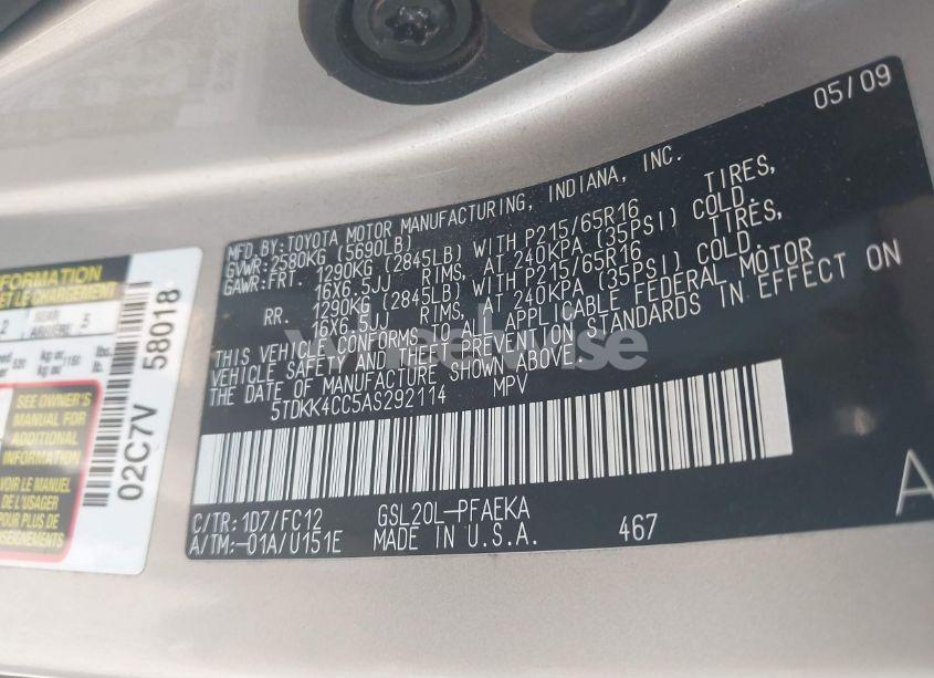 Photo 9 of 2010 Toyota Sienna LE (VIN 5TDKK4CC5AS292114)