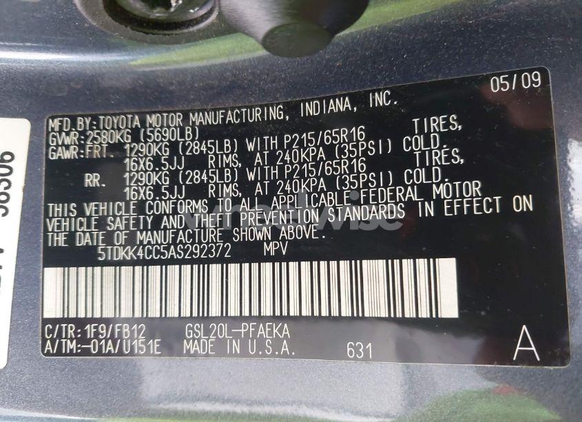 Photo 9 of 2010 Toyota Sienna CE (VIN 5TDKK4CC5AS292372)