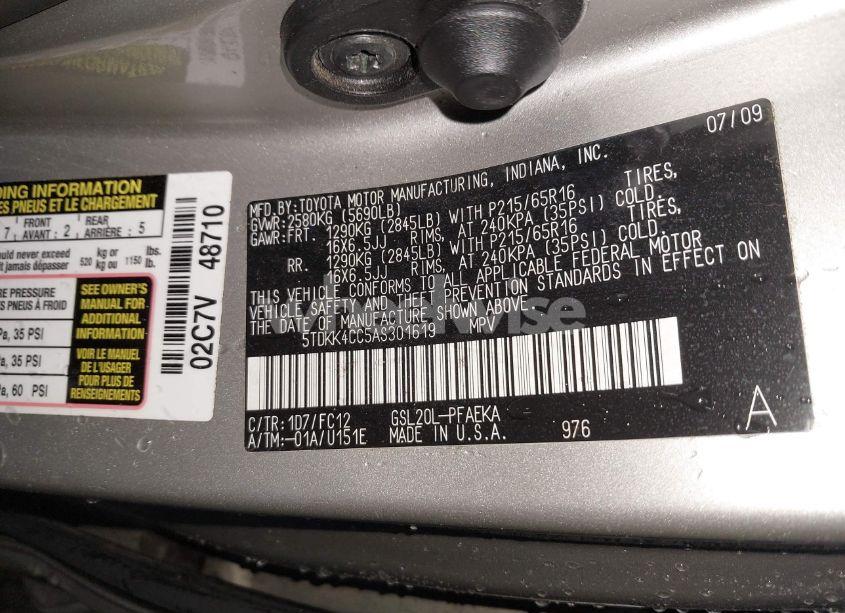 Photo 9 of 2010 Toyota Sienna LE (VIN 5TDKK4CC5AS301619)