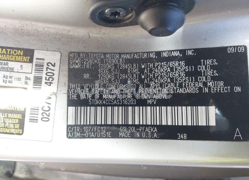 Photo 9 of 2010 Toyota Sienna LE (VIN 5TDKK4CC5AS316203)