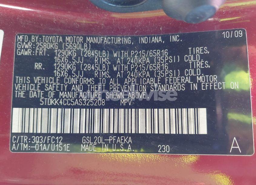 Photo 9 of 2010 Toyota Sienna LE (VIN 5TDKK4CC5AS325208)