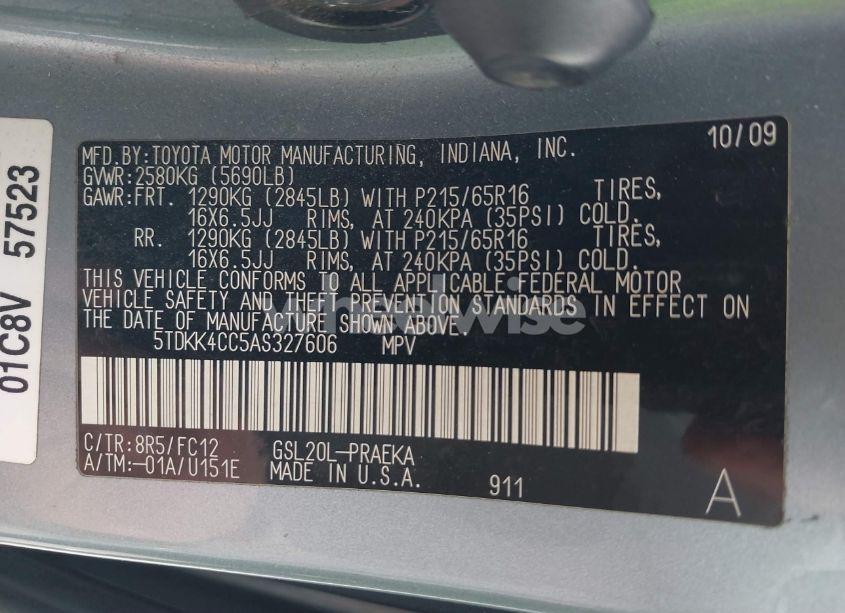 Photo 9 of 2010 Toyota Sienna LE (VIN 5TDKK4CC5AS327606)