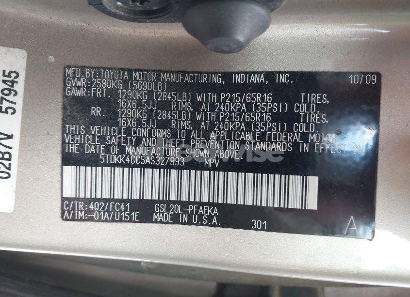 Photo 9 of 2010 Toyota Sienna LE (VIN 5TDKK4CC5AS327993)