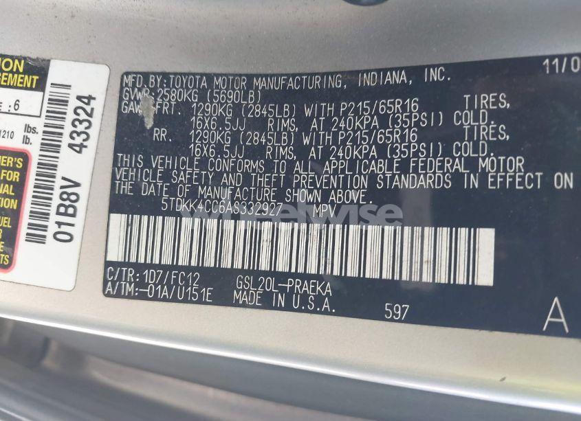 Photo 9 of 2010 Toyota Sienna LE (VIN 5TDKK4CC6AS332927)