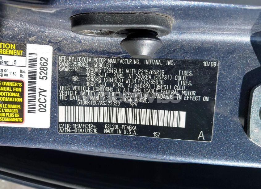 Photo 9 of 2010 Toyota Sienna LE (VIN 5TDKK4CC7AS323329)