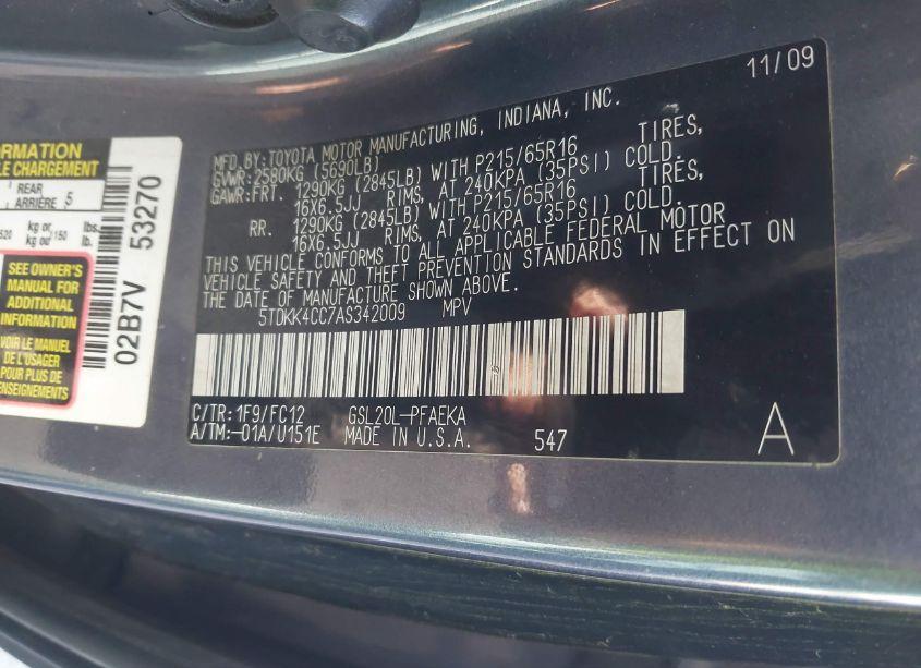 Photo 9 of 2010 Toyota Sienna LE (VIN 5TDKK4CC7AS342009)