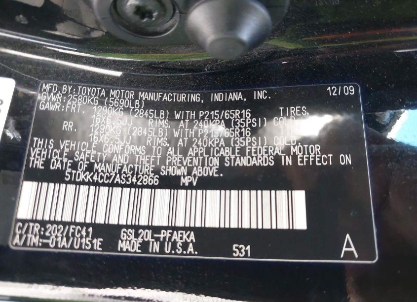 Photo 9 of 2010 Toyota Sienna LE (VIN 5TDKK4CC7AS342866)