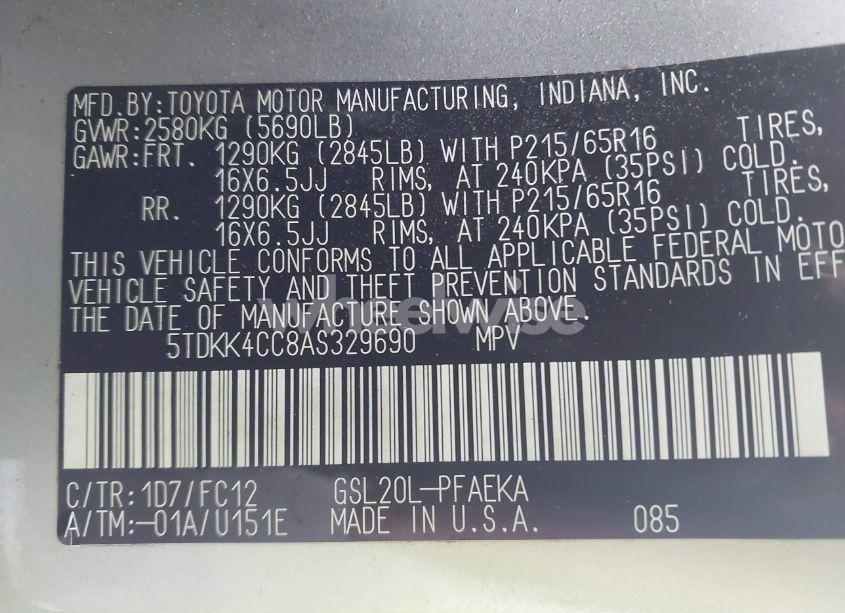 Photo 9 of 2010 Toyota Sienna LE (VIN 5TDKK4CC8AS329690)