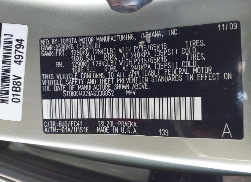 Photo 9 of 2010 Toyota Sienna LE (VIN 5TDKK4CC9AS338852)
