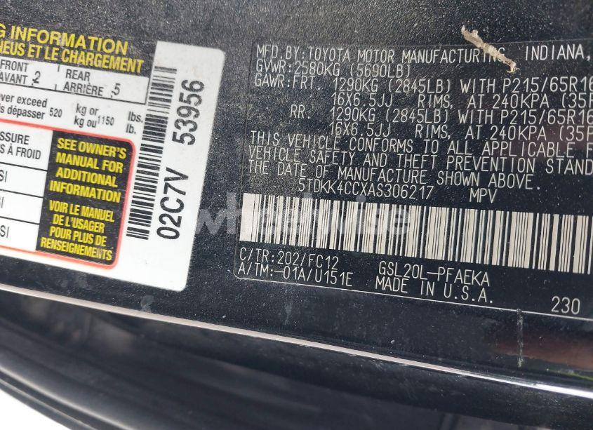 Photo 9 of 2010 Toyota Sienna LE (VIN 5TDKK4CCXAS306217)