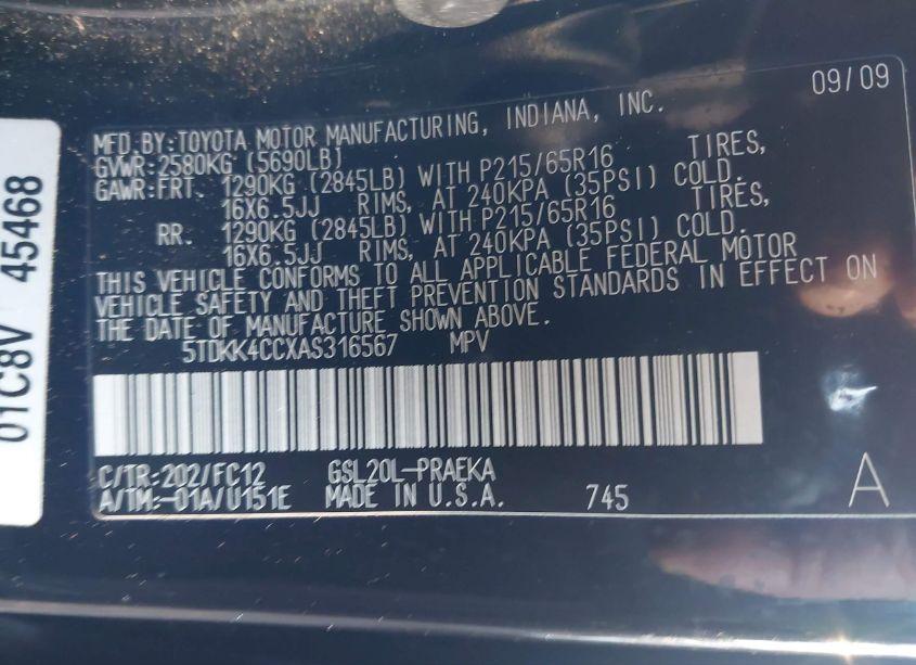 Photo 9 of 2010 Toyota Sienna LE (VIN 5TDKK4CCXAS316567)