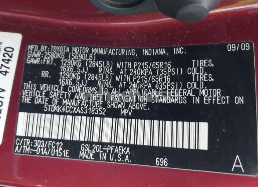 Photo 9 of 2010 Toyota Sienna LE (VIN 5TDKK4CCXAS318352)