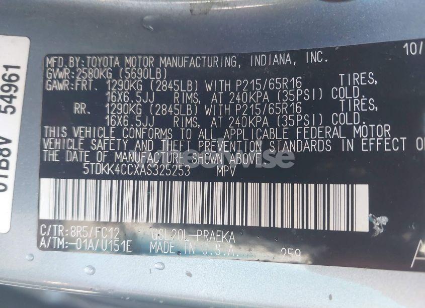 Photo 9 of 2010 Toyota Sienna LE (VIN 5TDKK4CCXAS325253)