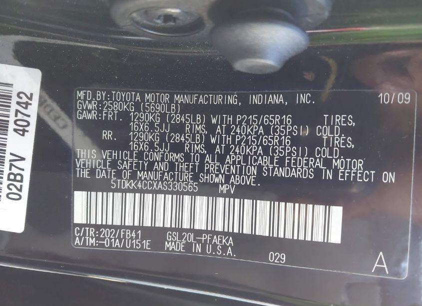 Photo 9 of 2010 Toyota Sienna CE (VIN 5TDKK4CCXAS330565)