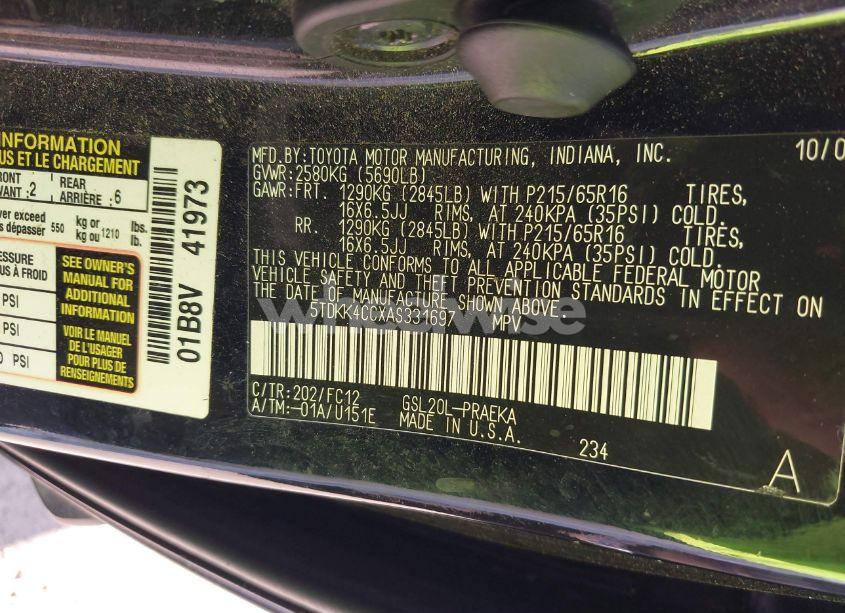 Photo 9 of 2010 Toyota Sienna LE (VIN 5TDKK4CCXAS331697)