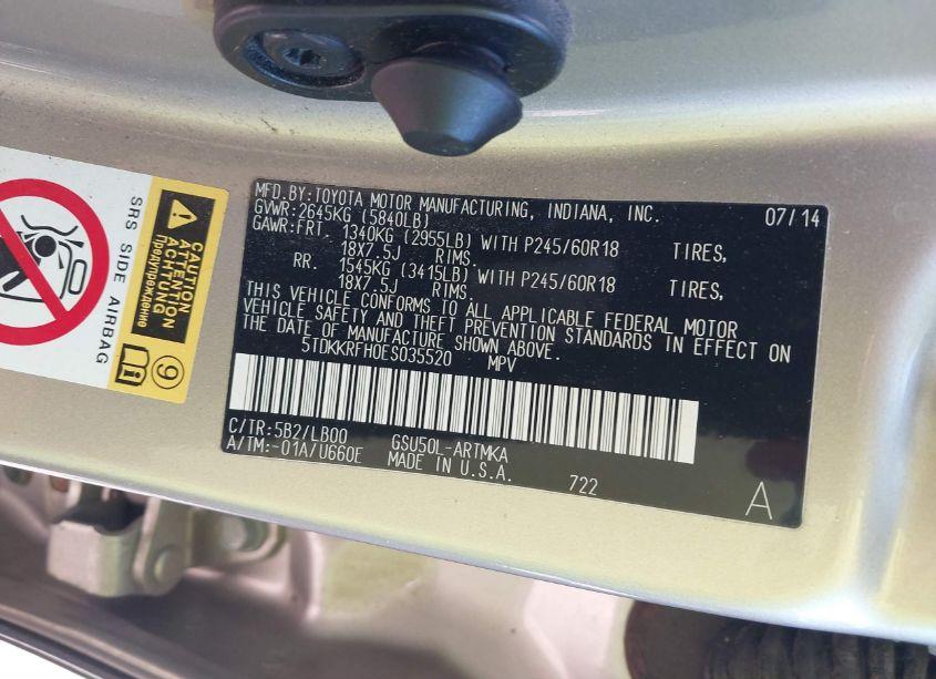 Photo 9 of 2014 Toyota Highlander XLE V6 (VIN 5TDKKRFH0ES035520)