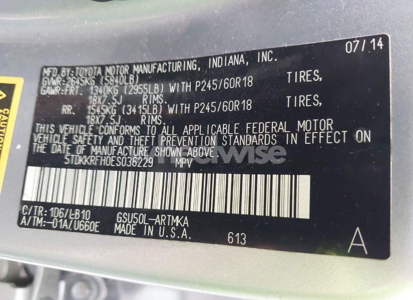 Photo 9 of 2014 Toyota Highlander XLE V6 (VIN 5TDKKRFH0ES036229)