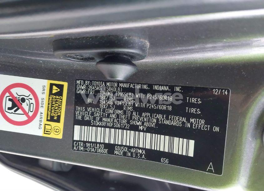 Photo 9 of 2015 Toyota Highlander XLE V6 (VIN 5TDKKRFH0FS061732)