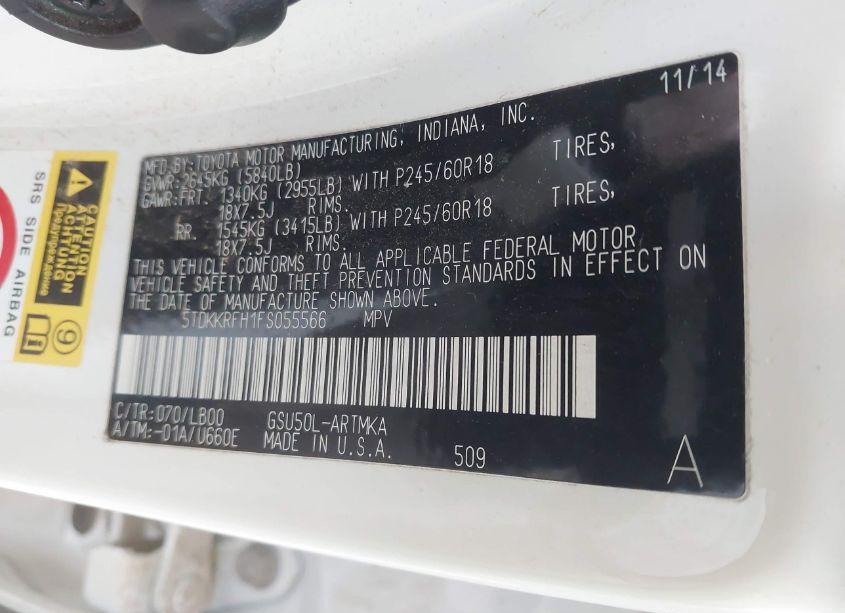 Photo 9 of 2015 Toyota Highlander XLE V6 (VIN 5TDKKRFH1FS055566)