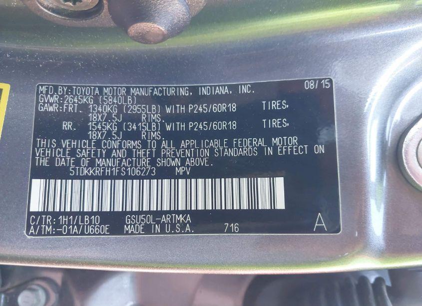 Photo 9 of 2015 Toyota Highlander XLE V6 (VIN 5TDKKRFH1FS106273)