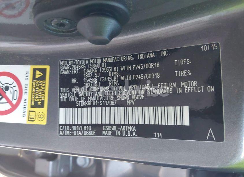 Photo 9 of 2015 Toyota Highlander XLE V6 (VIN 5TDKKRFH1FS117967)