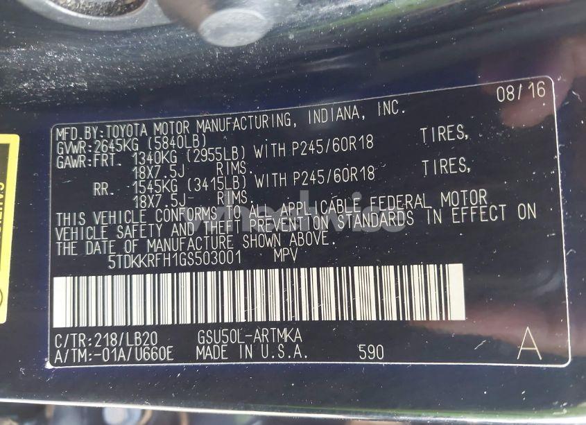 Photo 9 of 2016 Toyota Highlander XLE V6 (VIN 5TDKKRFH1GS503001)