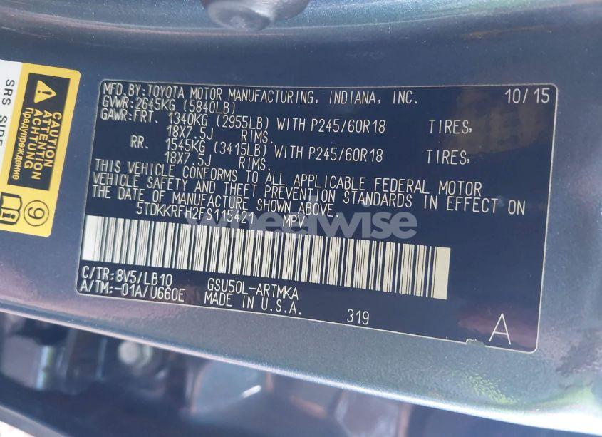 Photo 9 of 2015 Toyota Highlander XLE V6 (VIN 5TDKKRFH2FS115421)