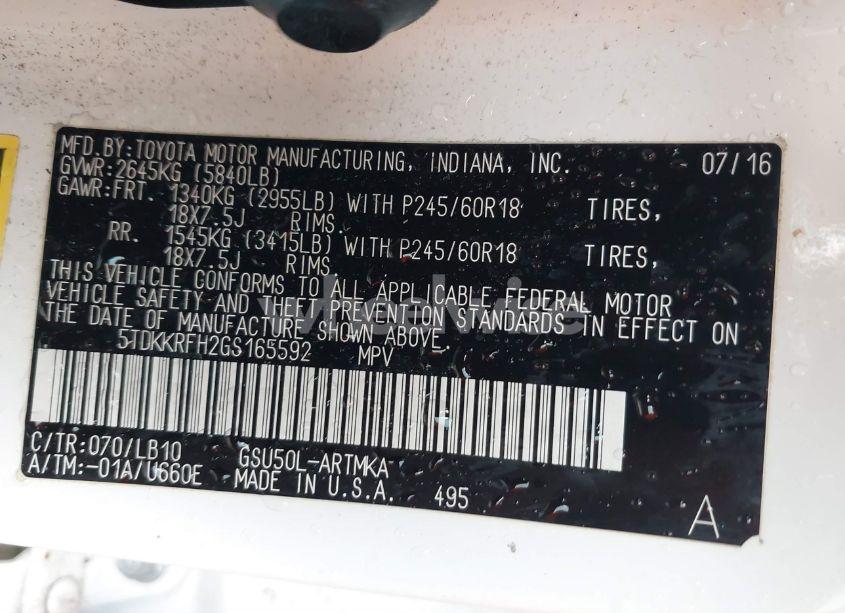 Photo 9 of 2016 Toyota Highlander XLE V6 (VIN 5TDKKRFH2GS165592)