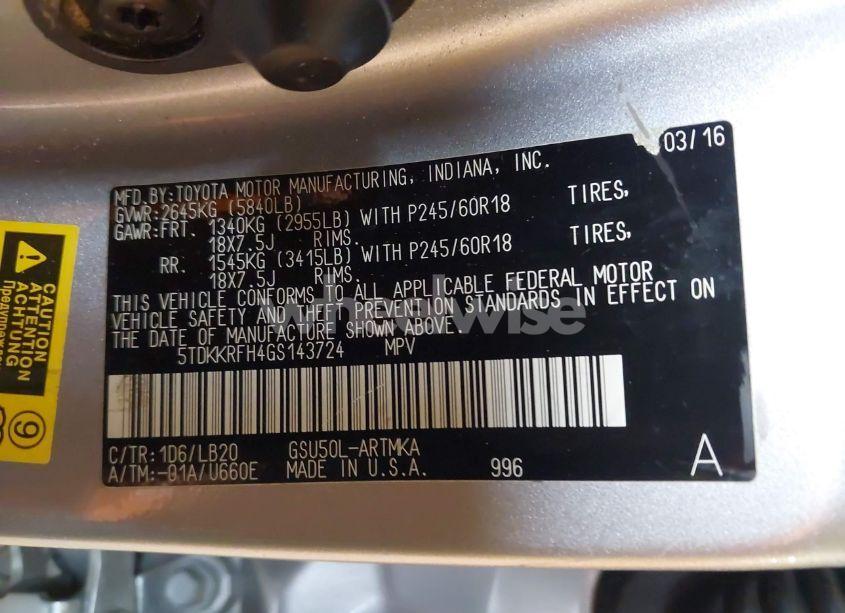 Photo 9 of 2016 Toyota Highlander XLE V6 (VIN 5TDKKRFH4GS143724)