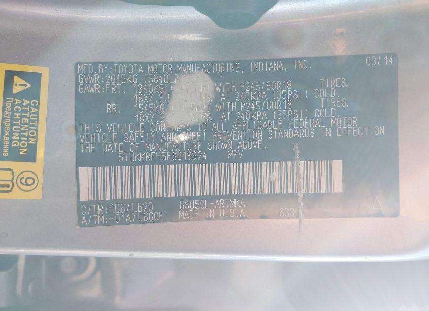 Photo 9 of 2014 Toyota Highlander XLE V6 (VIN 5TDKKRFH5ES018924)