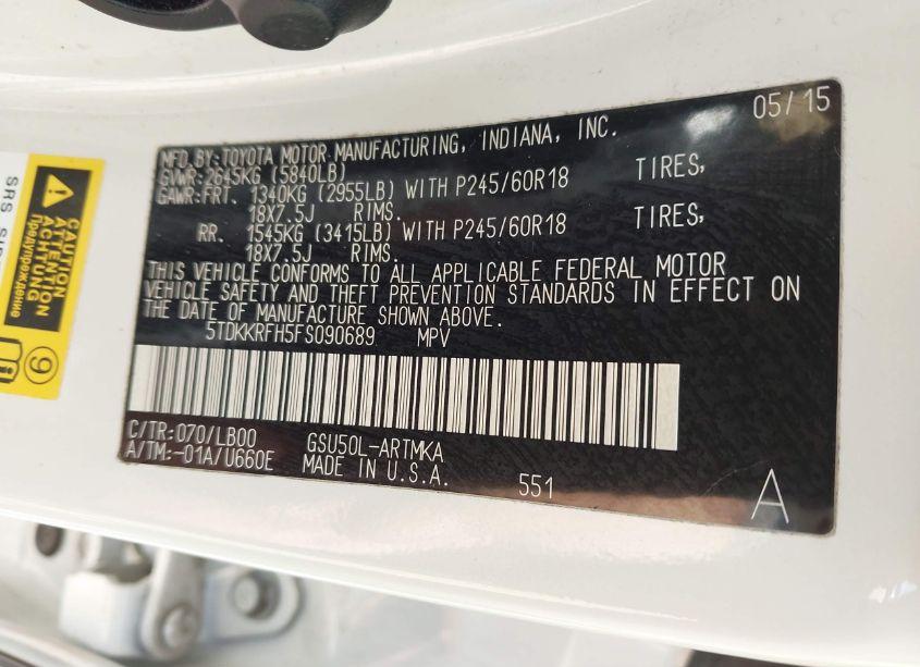 Photo 9 of 2015 Toyota Highlander XLE V6 (VIN 5TDKKRFH5FS090689)