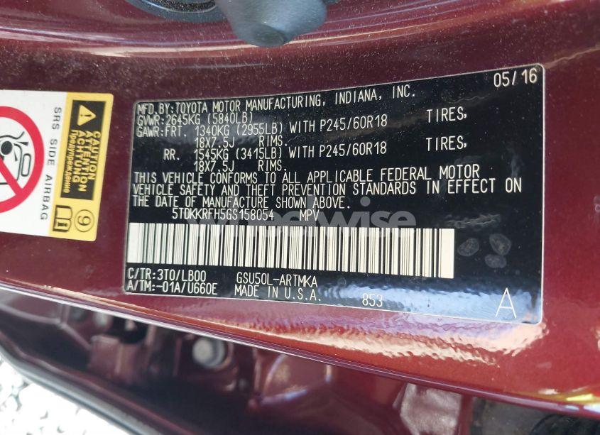 Photo 9 of 2016 Toyota Highlander XLE V6 (VIN 5TDKKRFH5GS158054)